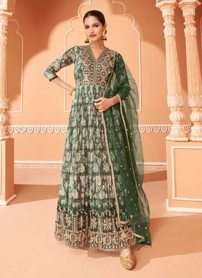Green Embroidered Georgette Stitched Anarkali Suit (Size Upto 42) Up To 42" Size 1