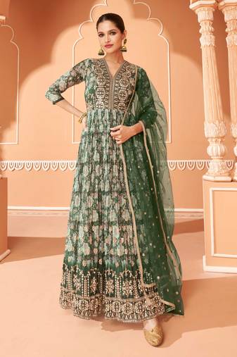 Green Embroidered Georgette Stitched Anarkali Suit (Size Upto 42) Up To 42" Size
