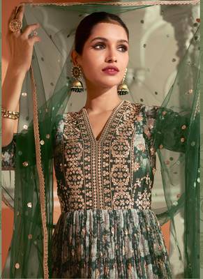 Green Embroidered Georgette Stitched Anarkali Suit (Size Upto 42) Up To 42" Size 2