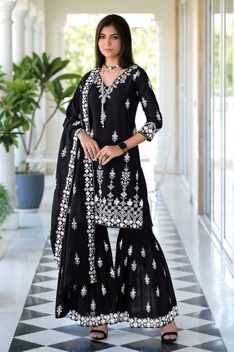 Black Embroidered Cotton Stitched Straight Sharara Suit (Size Upto 42)