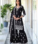 Black Embroidered Cotton Stitched Straight Sharara Suit (Size Upto 42)