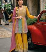 Mustard Embroidered Cotton Stitched Anarkali Palazzo Suit. (Size Upto 42) Free size full stitched Up To 42" Size