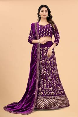 Purple Velvet Fabric Zari Embroidery Work Semi Stitched Lehenga Choli 1