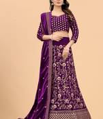 Purple Velvet Fabric Zari Embroidery Work Semi Stitched Lehenga Choli
