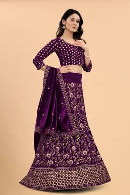 Purple Velvet Fabric Zari Embroidery Work Semi Stitched Lehenga Choli 2