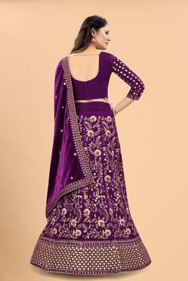 Purple Velvet Fabric Zari Embroidery Work Semi Stitched Lehenga Choli 3