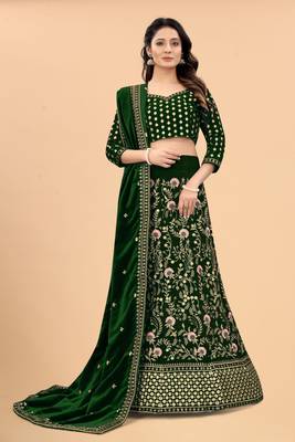 Green Velvet Fabric Zari Embroidery Work Semi Stitched Lehenga Choli 1