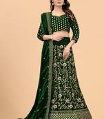 Green Velvet Fabric Zari Embroidery Work Semi Stitched Lehenga Choli