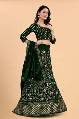 Green Velvet Fabric Zari Embroidery Work Semi Stitched Lehenga Choli 2