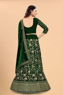 Green Velvet Fabric Zari Embroidery Work Semi Stitched Lehenga Choli 3