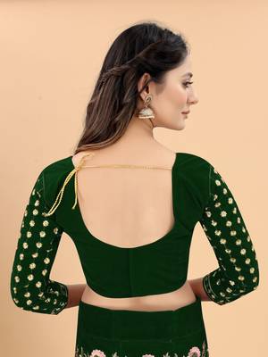 Green Velvet Fabric Zari Embroidery Work Semi Stitched Lehenga Choli 5