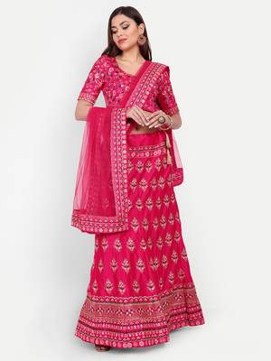 Pink Embroidered Semi Stitched Zari Work and Thread Work Lehenga Choli 1