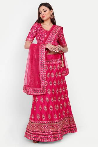 Pink Embroidered Semi Stitched Zari Work and Thread Work Lehenga Choli