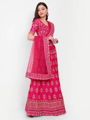 Pink Embroidered Semi Stitched Zari Work and Thread Work Lehenga Choli 2