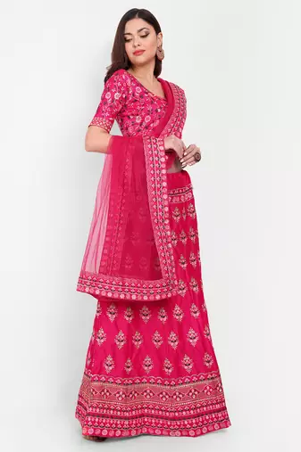Pink Embroidered Semi Stitched Zari Work and Thread Work Lehenga Choli
