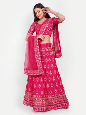 Pink Embroidered Semi Stitched Zari Work and Thread Work Lehenga Choli 3