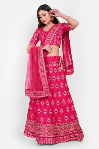 Pink Embroidered Semi Stitched Zari Work and Thread Work Lehenga Choli