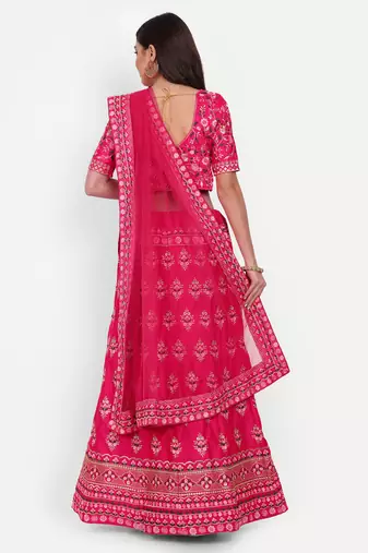 Pink Embroidered Semi Stitched Zari Work and Thread Work Lehenga Choli