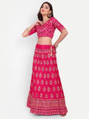 Pink Embroidered Semi Stitched Zari Work and Thread Work Lehenga Choli 6