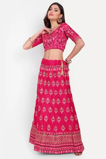 Pink Embroidered Semi Stitched Zari Work and Thread Work Lehenga Choli