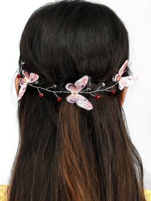 Women white & pink embellished butterfly hair tiara 2