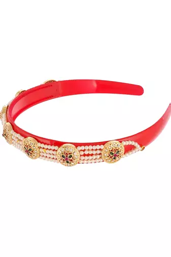 Gold plated & red color beaded hair band