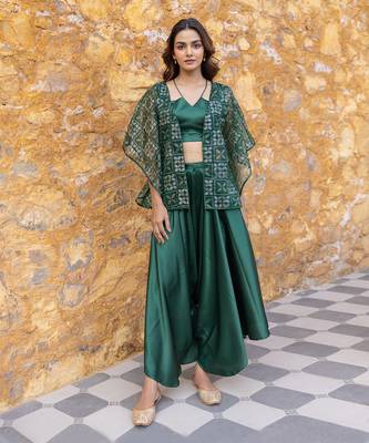 Green satin co-ord set with embellished jacket 1