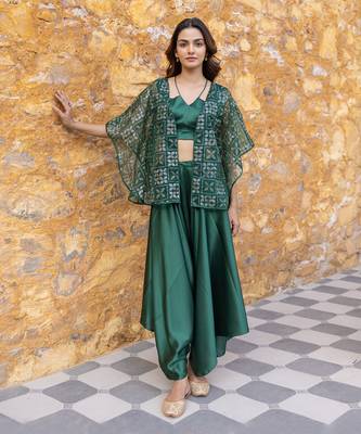 Green satin co-ord set with embellished jacket 2