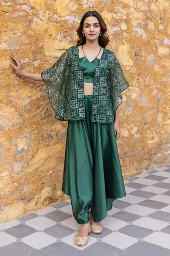 Green satin co-ord set with embellished jacket