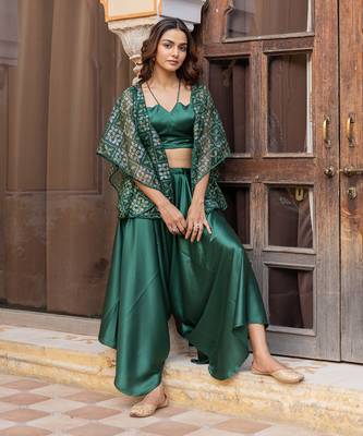 Green satin co-ord set with embellished jacket 3