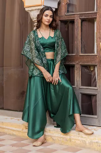 Green satin co-ord set with embellished jacket