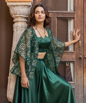 Green satin co-ord set with embellished jacket 4
