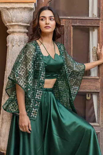 Green satin co-ord set with embellished jacket