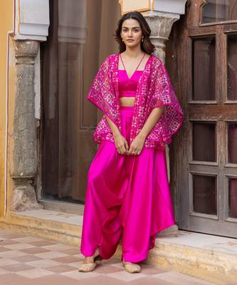 Fuchsia satin co-ord set with embellished jacket 2