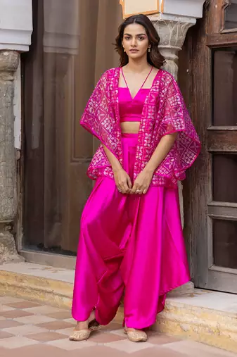 Fuchsia satin co-ord set with embellished jacket