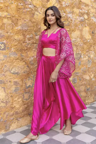 Fuchsia satin co-ord set with embellished jacket