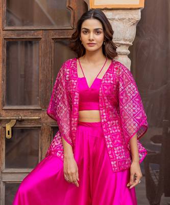 Fuchsia satin co-ord set with embellished jacket 4