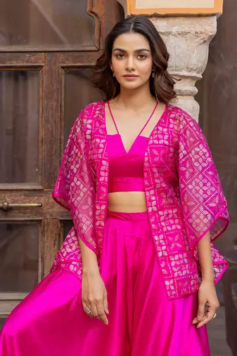 Fuchsia satin co-ord set with embellished jacket