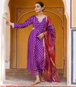Purple embroidered zari a-line kurta set