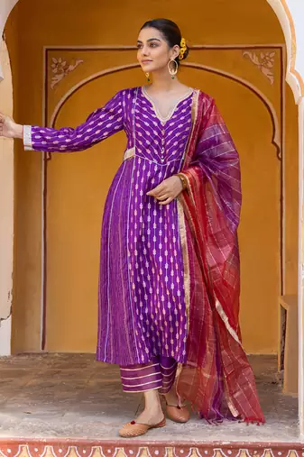 Purple embroidered zari a-line kurta set