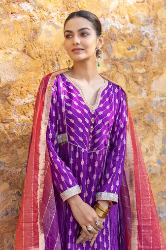 Purple embroidered zari a-line kurta set