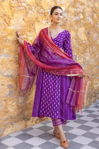 Purple embroidered zari a-line kurta set