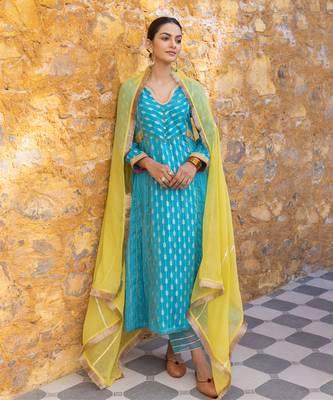 Turquoise blue embroidered zari a-line kurta set 1