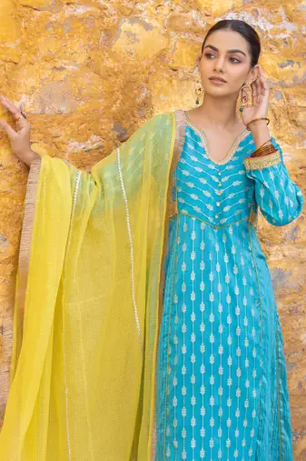 Turquoise blue embroidered zari a-line kurta set