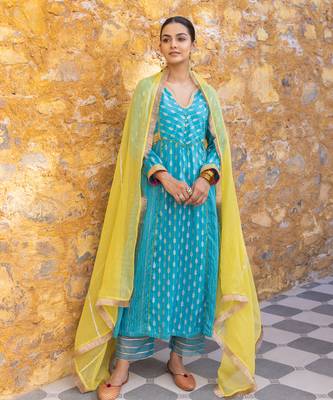 Turquoise blue embroidered zari a-line kurta set 3