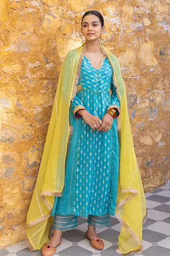 Turquoise blue embroidered zari a-line kurta set