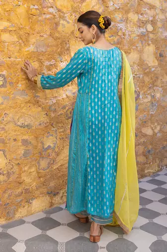 Turquoise blue embroidered zari a-line kurta set