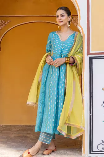 Turquoise blue embroidered zari a-line kurta set