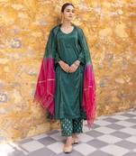 Forest green satin a-line kurta set with ombre dupatta