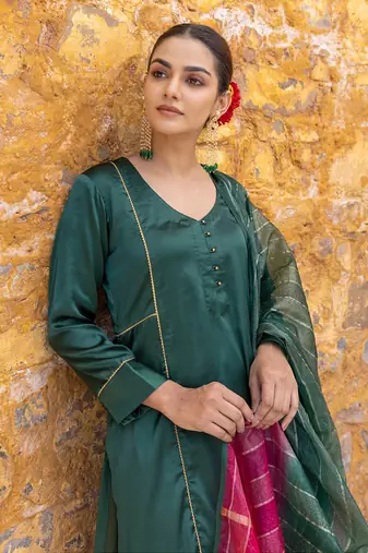 Forest green satin a-line kurta set with ombre dupatta